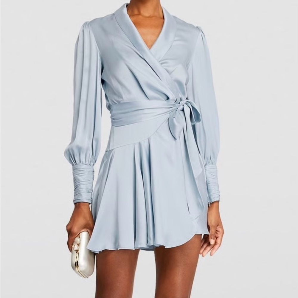Zimmermann Satin Light Blue Long Sleeve Wrap Dress